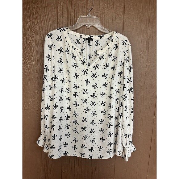 Talbots Ivory Bow Ribbon Print Long Sleeve Elastic Cuff Top Blouse Size XL Work - Picture 1 of 6